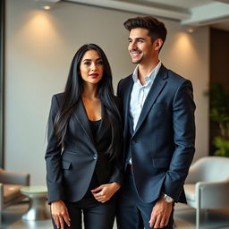 A stunning young woman with long, glossy black hair, wearing a chic and professional blazer, stands confidently in an elegant office environment