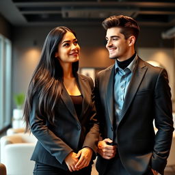 A stunning young woman with long, glossy black hair, wearing a chic and professional blazer, stands confidently in an elegant office environment