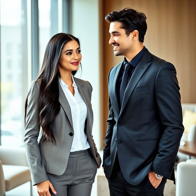 A stunning young woman with long, glossy black hair, wearing a chic and professional blazer, stands confidently in an elegant office environment