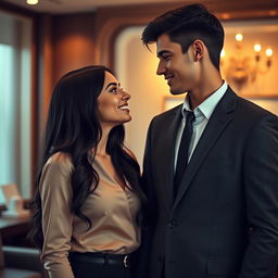 A captivating scene of a beautiful young woman with long, glossy black hair wearing a fashionable yet professional outfit, and a tall, handsome young man in a well-fitted suit