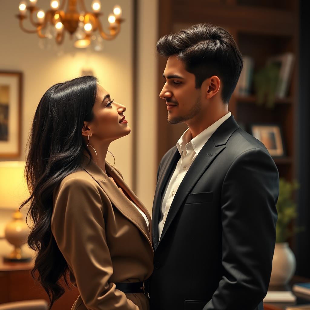 A captivating scene of a beautiful young woman with long, glossy black hair wearing a fashionable yet professional outfit, and a tall, handsome young man in a well-fitted suit