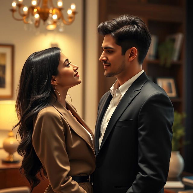 A captivating scene of a beautiful young woman with long, glossy black hair wearing a fashionable yet professional outfit, and a tall, handsome young man in a well-fitted suit