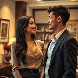 A captivating scene of a beautiful young woman with long, glossy black hair wearing a fashionable yet professional outfit, and a tall, handsome young man in a well-fitted suit