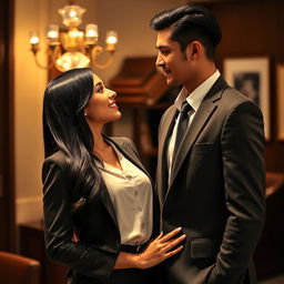 A captivating scene of a beautiful young woman with long, glossy black hair wearing a fashionable yet professional outfit, and a tall, handsome young man in a well-fitted suit