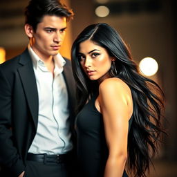 A striking image featuring a beautiful young woman with long, lustrous black hair, dressed in a form-fitting, stylish outfit that accentuates her figure