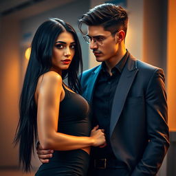 A striking image featuring a beautiful young woman with long, lustrous black hair, dressed in a form-fitting, stylish outfit that accentuates her figure