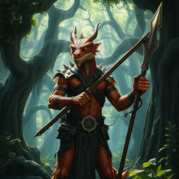 A Copper Dragonborn mercenary standing confidently in a lush, enchanted forest, wielding a gleaming glaive