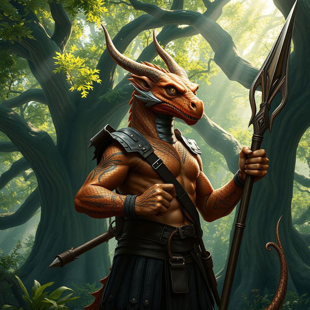 A Copper Dragonborn mercenary standing confidently in a lush, enchanted forest, wielding a gleaming glaive