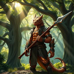 A Copper Dragonborn mercenary standing confidently in a lush, enchanted forest, wielding a gleaming glaive
