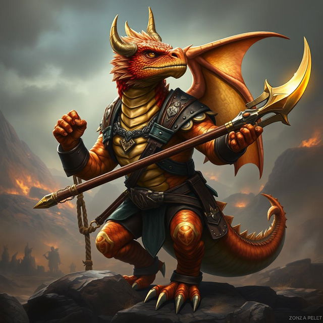 A Copper Dragonborn mercenary showcasing its fierce warrior spirit, wielding a magnificent glaive