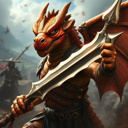 A Copper Dragonborn mercenary showcasing its fierce warrior spirit, wielding a magnificent glaive
