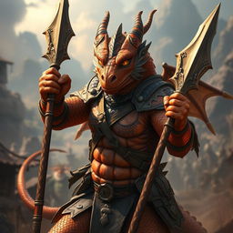 A Copper Dragonborn mercenary showcasing its fierce warrior spirit, wielding a magnificent glaive