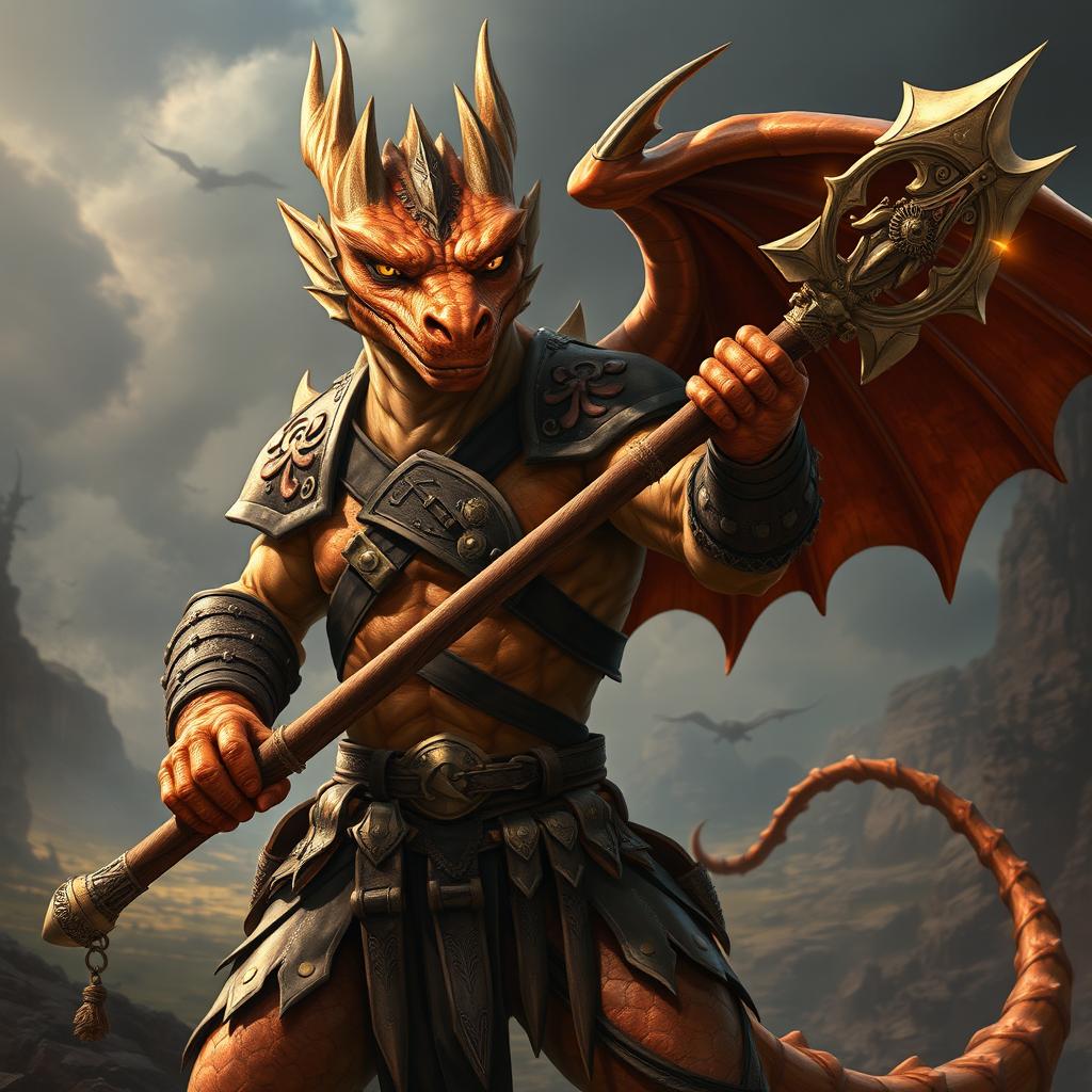 A Copper Dragonborn mercenary showcasing its fierce warrior spirit, wielding a magnificent glaive