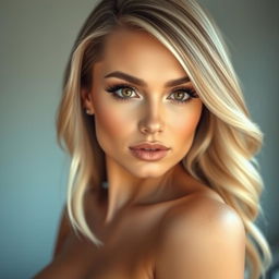 A stunning blonde girl with brown streaks in her hair, showcasing alluring brown eyes accentuated by dramatic fake eyelashes