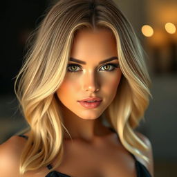 A stunning blonde girl with brown streaks in her hair, showcasing alluring brown eyes accentuated by dramatic fake eyelashes