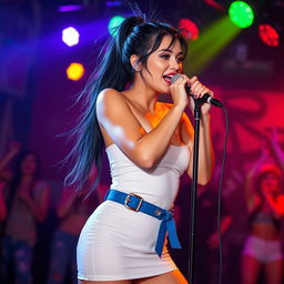 A breathtakingly beautiful and very tall Caucasian woman, around 32 years old, with an hourglass figure and very white skin