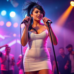 A stunningly beautiful and very tall Caucasian woman with an hourglass figure, approximately 32 years old, showcasing very white skin