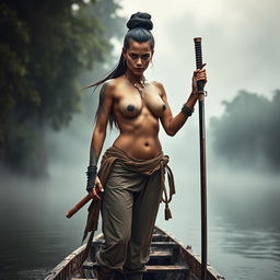 A fierce female pirate from the Ayutthaya era, dressed as a villager from Bangrachan