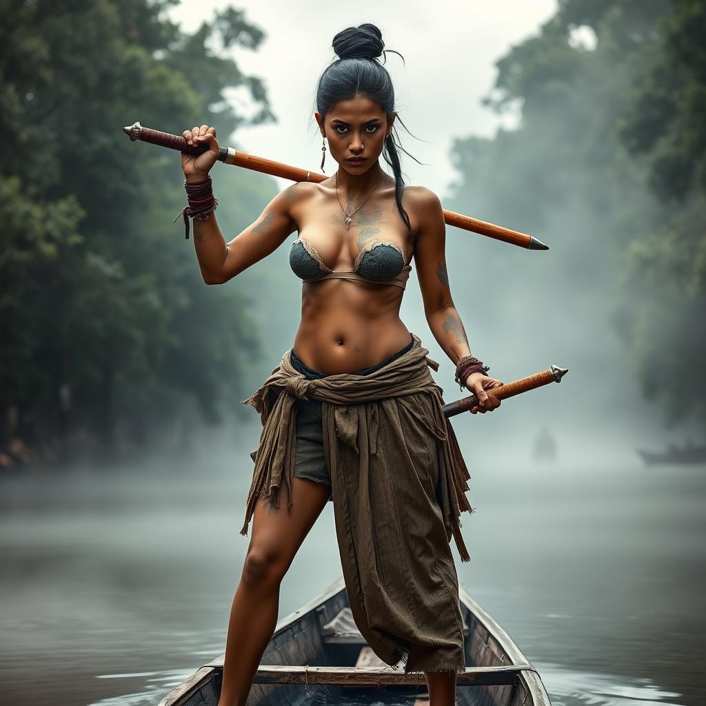 A fierce female pirate from the Ayutthaya era, dressed as a villager from Bangrachan