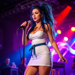 A strikingly beautiful and very tall Caucasian woman, around 32 years old, with an hourglass figure and very white skin