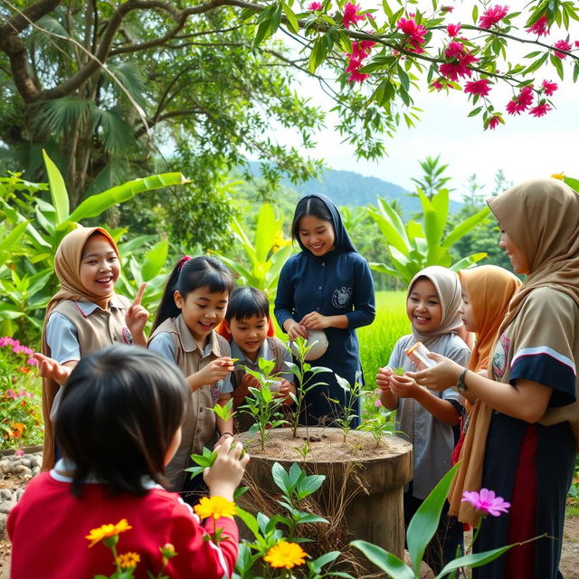 A joyful outdoor learning scene in Indonesia featuring students and a teacher engaging in educational activities amidst a lush natural landscape