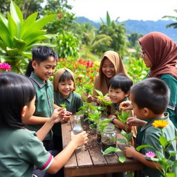 A joyful outdoor learning scene in Indonesia featuring students and a teacher engaging in educational activities amidst a lush natural landscape