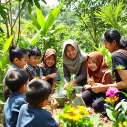 A joyful outdoor learning scene in Indonesia featuring students and a teacher engaging in educational activities amidst a lush natural landscape