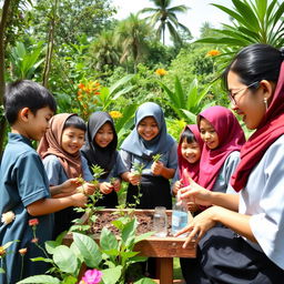 A joyful outdoor learning scene in Indonesia featuring students and a teacher engaging in educational activities amidst a lush natural landscape