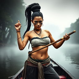A fierce female pirate from the Ayutthaya period, dressed in traditional attire reminiscent of Bang Rachan villagers