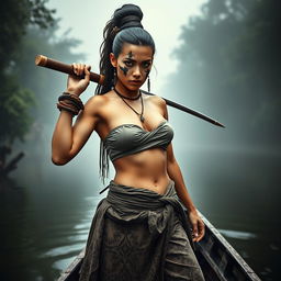 A fierce female pirate from the Ayutthaya period, dressed in traditional attire reminiscent of Bang Rachan villagers