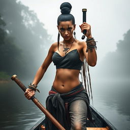 A fierce female pirate from the Ayutthaya period, dressed in traditional attire reminiscent of Bang Rachan villagers