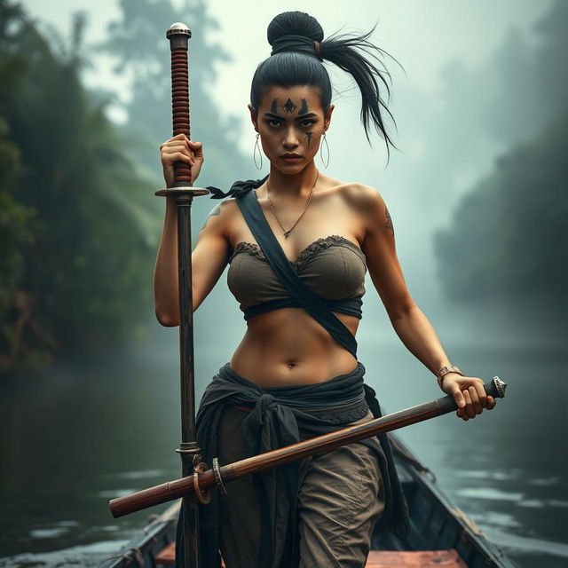 A fierce female pirate from the Ayutthaya period, dressed in traditional attire reminiscent of Bang Rachan villagers