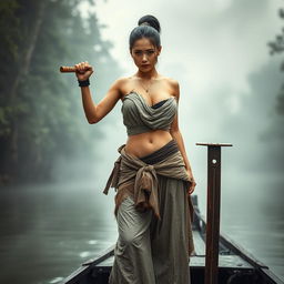 A female pirate from the Ayutthaya era, dressed like a villager from Bang Rachan, wearing a long, tattered, and worn fabric, tied around her chest, with a traditional garment that covers her breasts, styled similar to 'Ta-Beng-Maan'