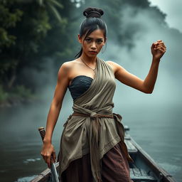 A female pirate from the Ayutthaya era, dressed like a villager from Bang Rachan, wearing a long, tattered, and worn fabric, tied around her chest, with a traditional garment that covers her breasts, styled similar to 'Ta-Beng-Maan'