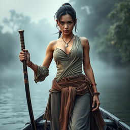 A female pirate from the Ayutthaya era, dressed like a villager from Bang Rachan, wearing a long, tattered, and worn fabric, tied around her chest, with a traditional garment that covers her breasts, styled similar to 'Ta-Beng-Maan'