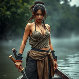 A female pirate from the Ayutthaya era, dressed like a villager from Bang Rachan, wearing a long, tattered, and worn fabric, tied around her chest, with a traditional garment that covers her breasts, styled similar to 'Ta-Beng-Maan'