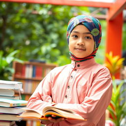 A Muslim boy wearing a vibrant terbon, which is a traditional headscarf, symbolizing pride and cultural identity