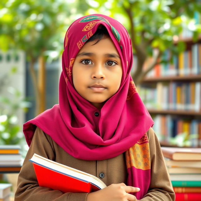 A Muslim boy wearing a vibrant terbon, which is a traditional headscarf, symbolizing pride and cultural identity