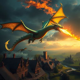 A majestic dragon soaring through the sky over a medieval landscape, its scales shimmering in shades of emerald green and gold, with intricate wing patterns catching the sunlight