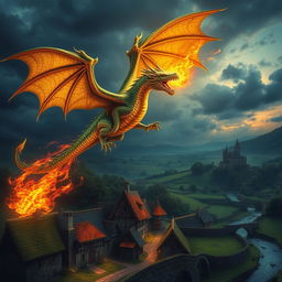A majestic dragon soaring through the sky over a medieval landscape, its scales shimmering in shades of emerald green and gold, with intricate wing patterns catching the sunlight