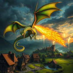 A majestic dragon soaring through the sky over a medieval landscape, its scales shimmering in shades of emerald green and gold, with intricate wing patterns catching the sunlight