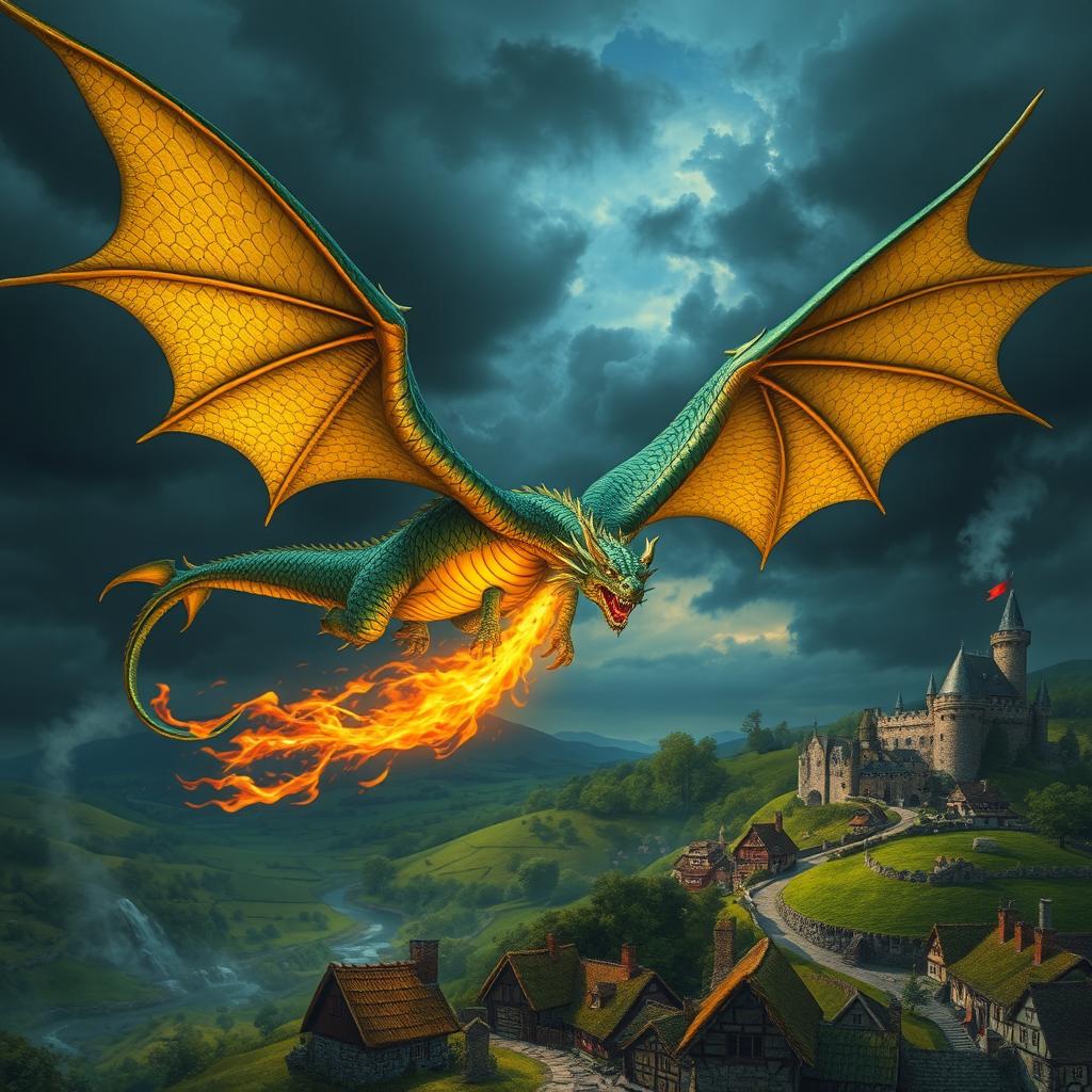 A majestic dragon soaring through the sky over a medieval landscape, its scales shimmering in shades of emerald green and gold, with intricate wing patterns catching the sunlight