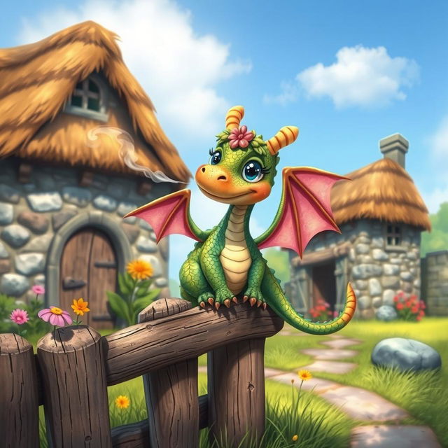 A cute, whimsical dragon characterized by big sparkling eyes, small round body, and colorful scales, situated in a medieval environment