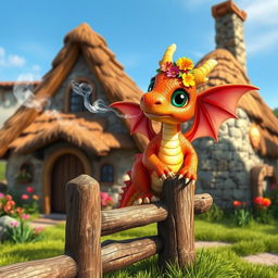 A cute, whimsical dragon characterized by big sparkling eyes, small round body, and colorful scales, situated in a medieval environment