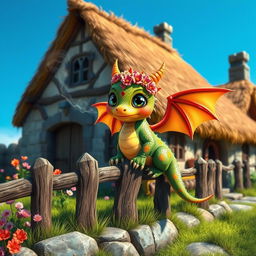 A cute, whimsical dragon characterized by big sparkling eyes, small round body, and colorful scales, situated in a medieval environment