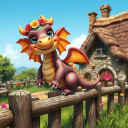 A cute, whimsical dragon characterized by big sparkling eyes, small round body, and colorful scales, situated in a medieval environment