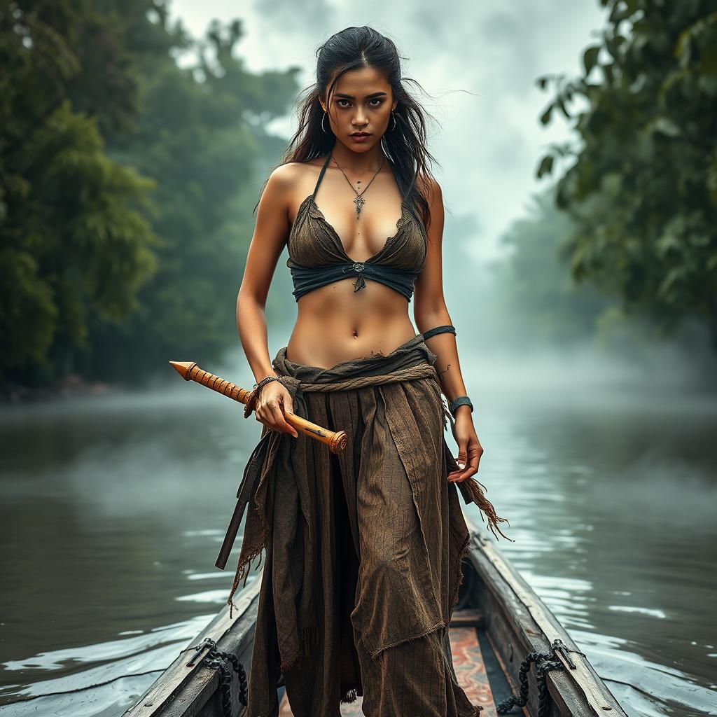 A seductive young female pirate depicted in the ancient Ayutthaya period, standing confidently on a paddle boat