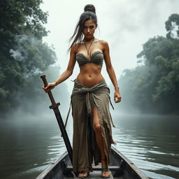 A seductive young female pirate depicted in the ancient Ayutthaya period, standing confidently on a paddle boat