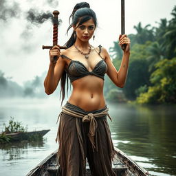 A seductive young female pirate depicted in the ancient Ayutthaya period, standing confidently on a paddle boat