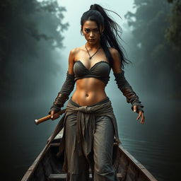 A high-detailed image of a female pirate from the Ayutthaya period, embodying a fierce and determined appearance